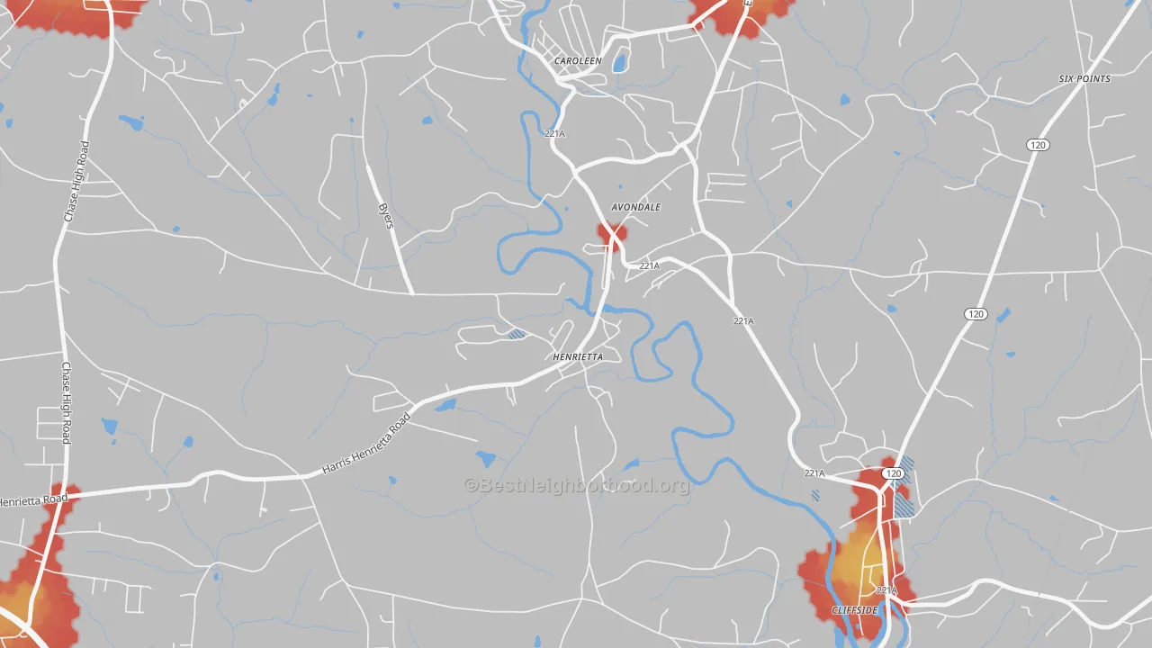 Walk Grade map of Henrietta, NC, walkable areas in green and car-dependent areas in red
