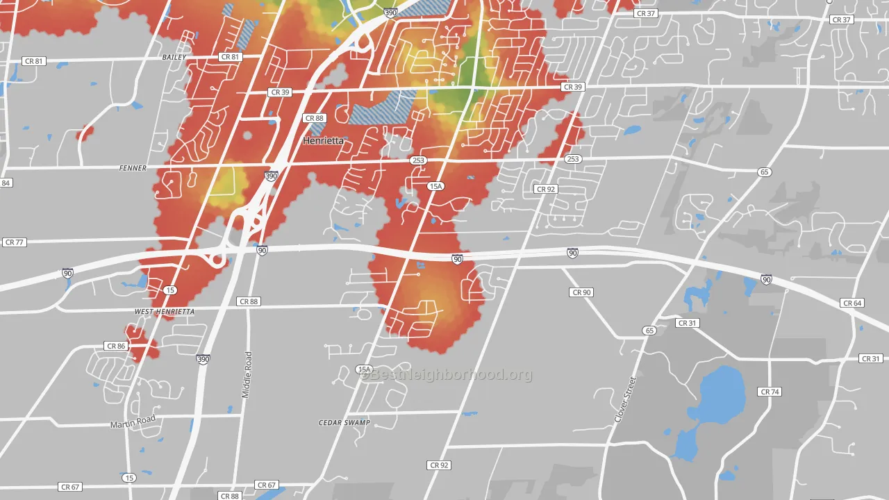 Walk Grade map of Henrietta, NY, walkable areas in green and car-dependent areas in red