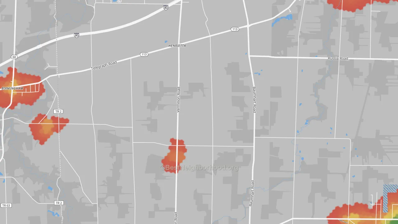 Walk Grade map of Henrietta, OH, walkable areas in green and car-dependent areas in red