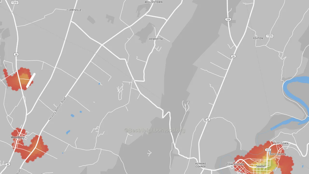 Walk Grade map of Henrietta, PA, walkable areas in green and car-dependent areas in red
