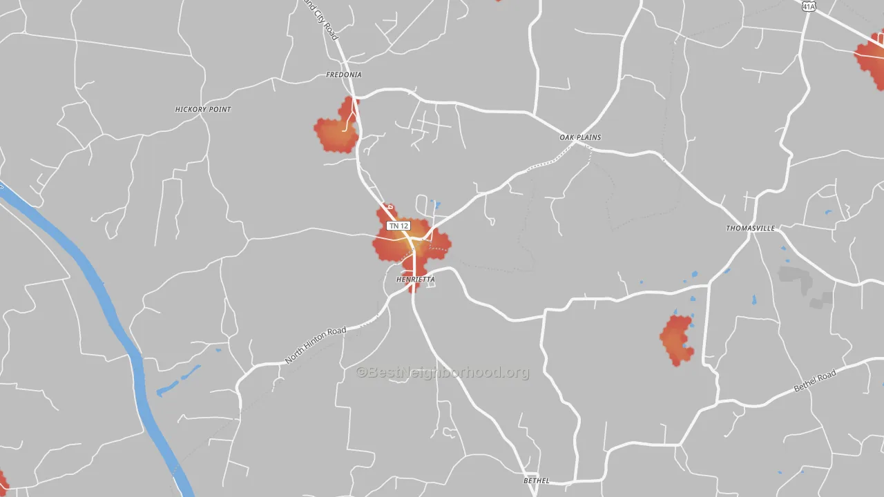 Walk Grade map of Henrietta, TN, walkable areas in green and car-dependent areas in red