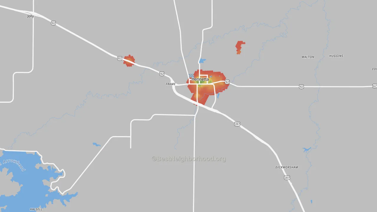 Walk Grade map of Henrietta, TX, walkable areas in green and car-dependent areas in red
