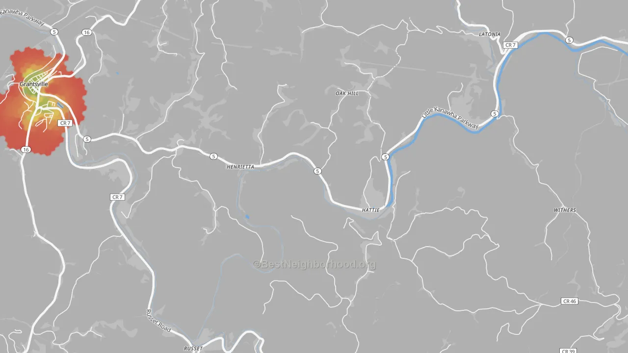 Walk Grade map of Henrietta, WV, walkable areas in green and car-dependent areas in red