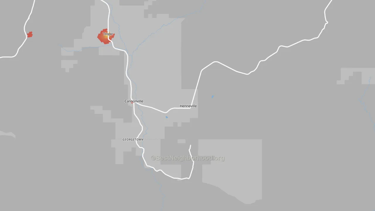 Walk Grade map of Henrieville, UT, walkable areas in green and car-dependent areas in red