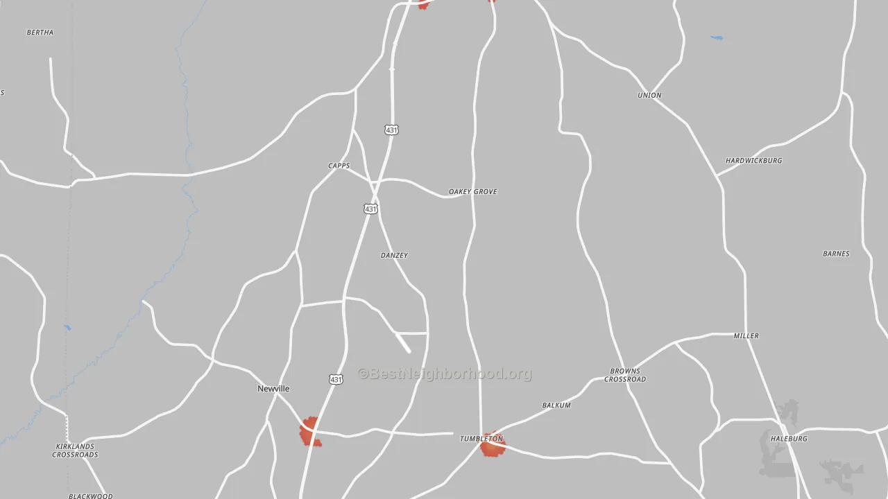 Walk Grade map of Henry County, AL, walkable areas in green and car-dependent areas in red