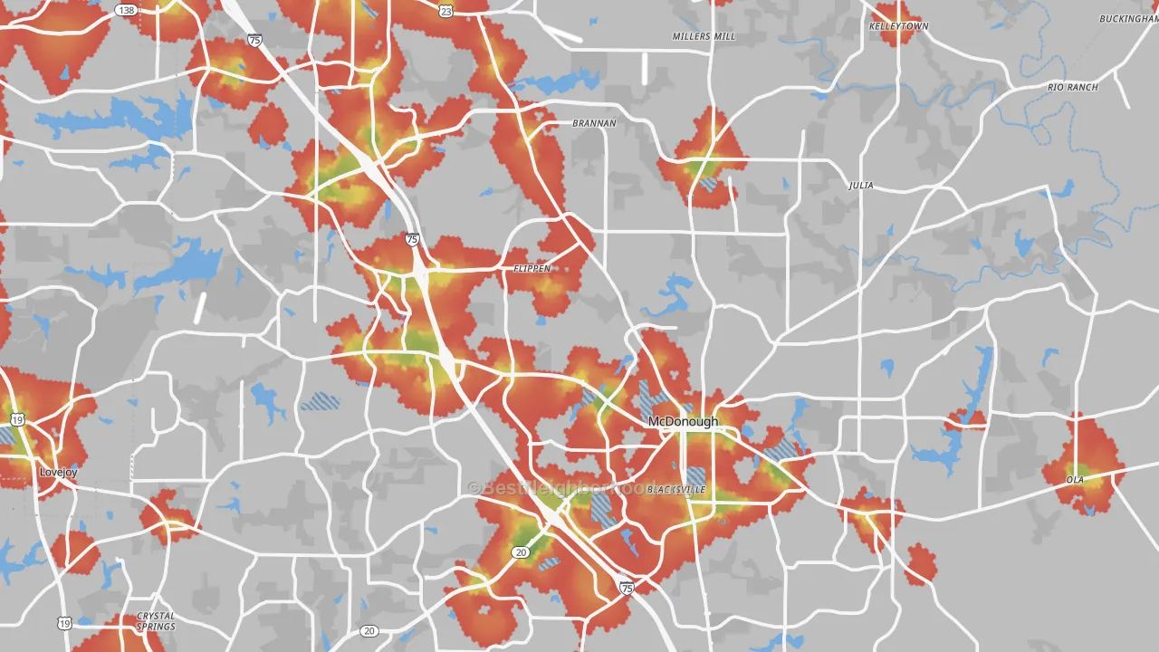 Walk Grade map of Henry County, GA, walkable areas in green and car-dependent areas in red