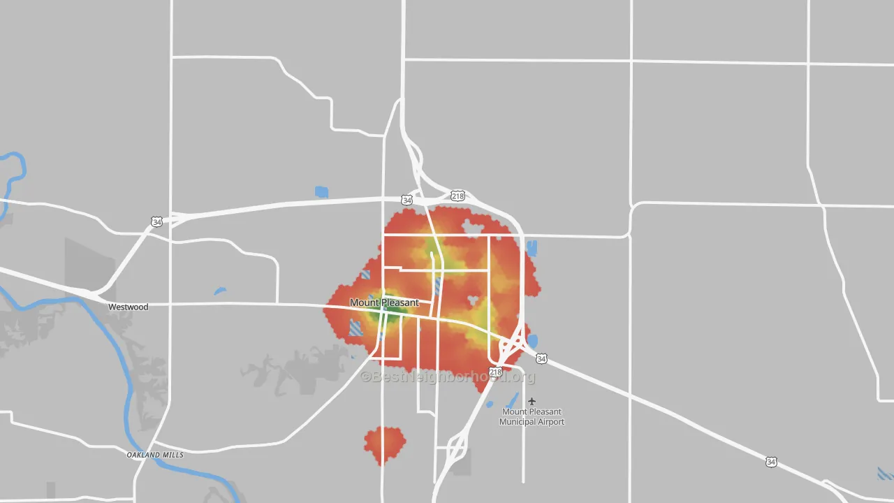 Walk Grade map of Henry County, IA, walkable areas in green and car-dependent areas in red