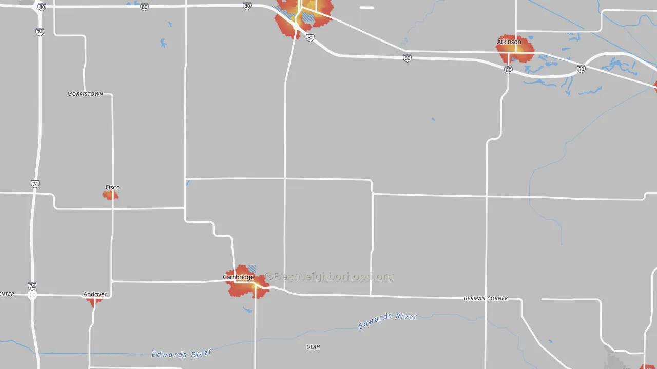 Walk Grade map of Henry County, IL, walkable areas in green and car-dependent areas in red