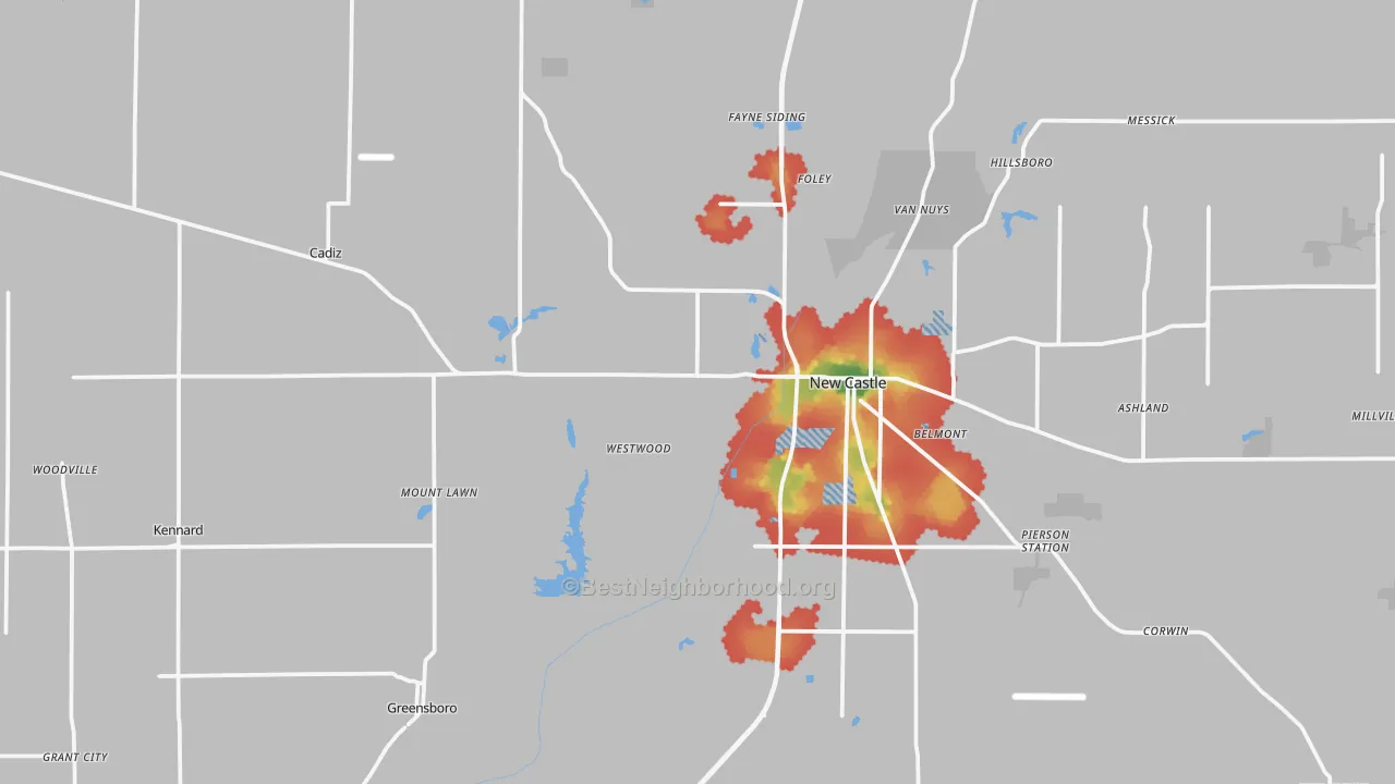 Walk Grade map of Henry County, IN, walkable areas in green and car-dependent areas in red