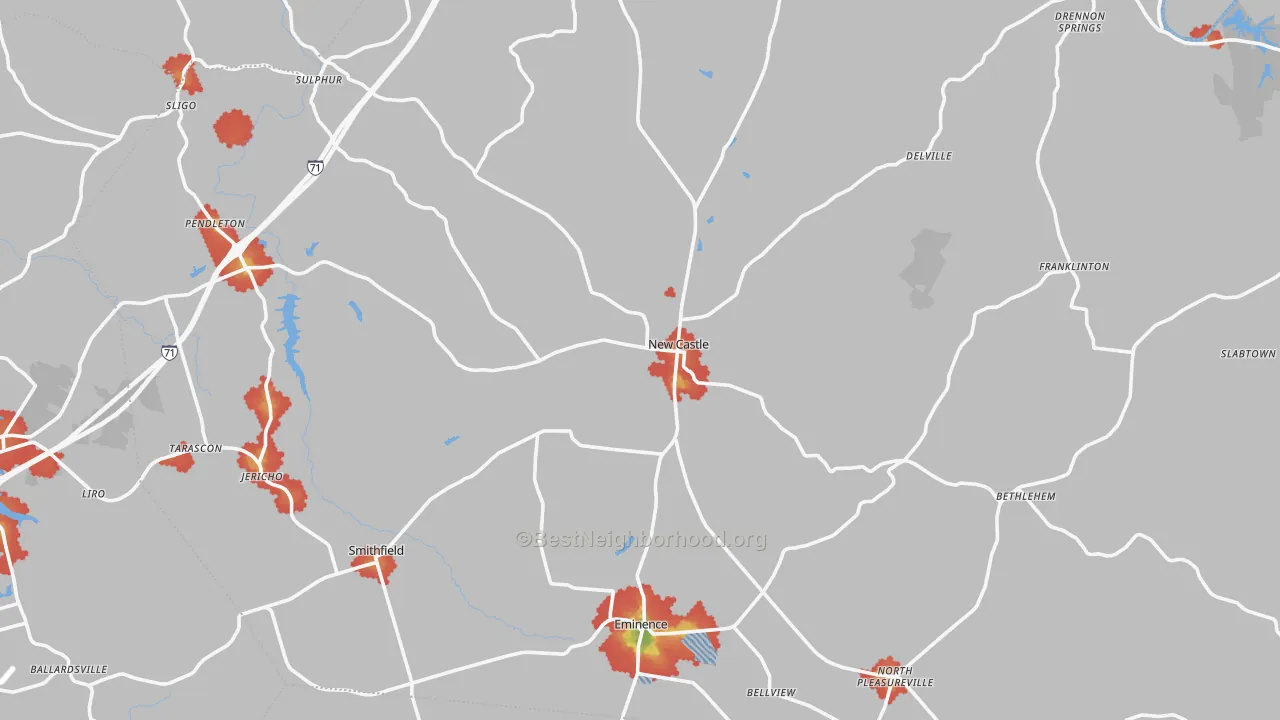 Walk Grade map of Henry County, KY, walkable areas in green and car-dependent areas in red