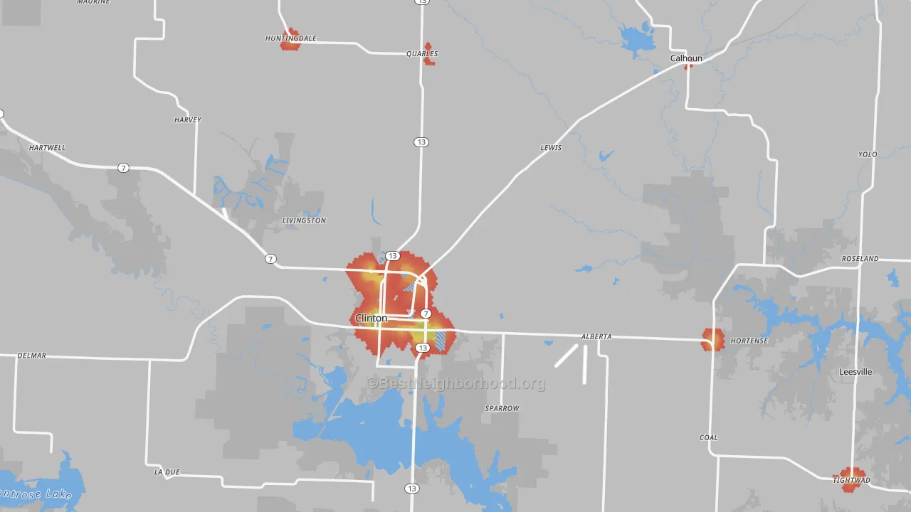 Walk Grade map of Henry County, MO, walkable areas in green and car-dependent areas in red