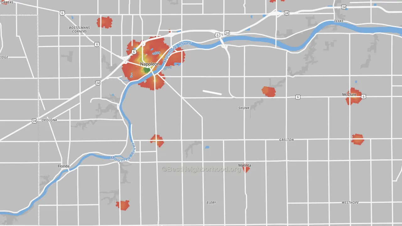 Walk Grade map of Henry County, OH, walkable areas in green and car-dependent areas in red