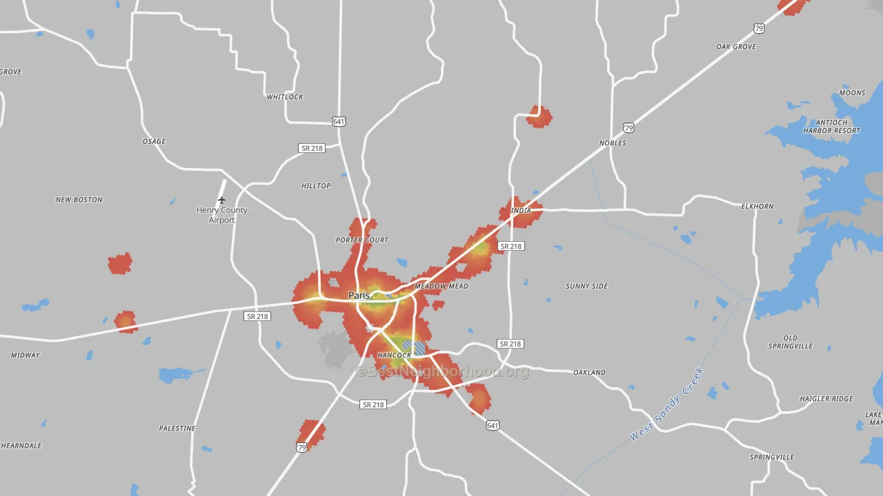 Walk Grade map of Henry County, TN, walkable areas in green and car-dependent areas in red