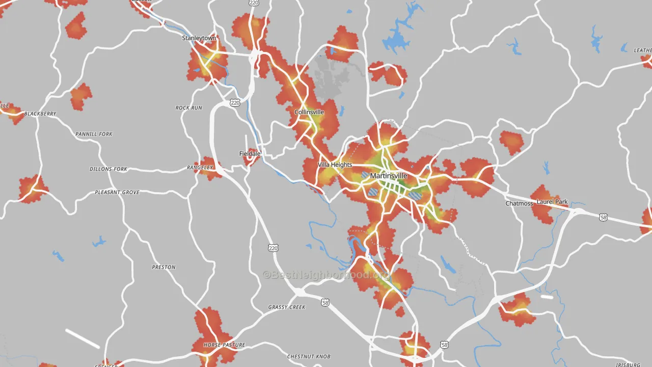 Walk Grade map of Henry County, VA, walkable areas in green and car-dependent areas in red