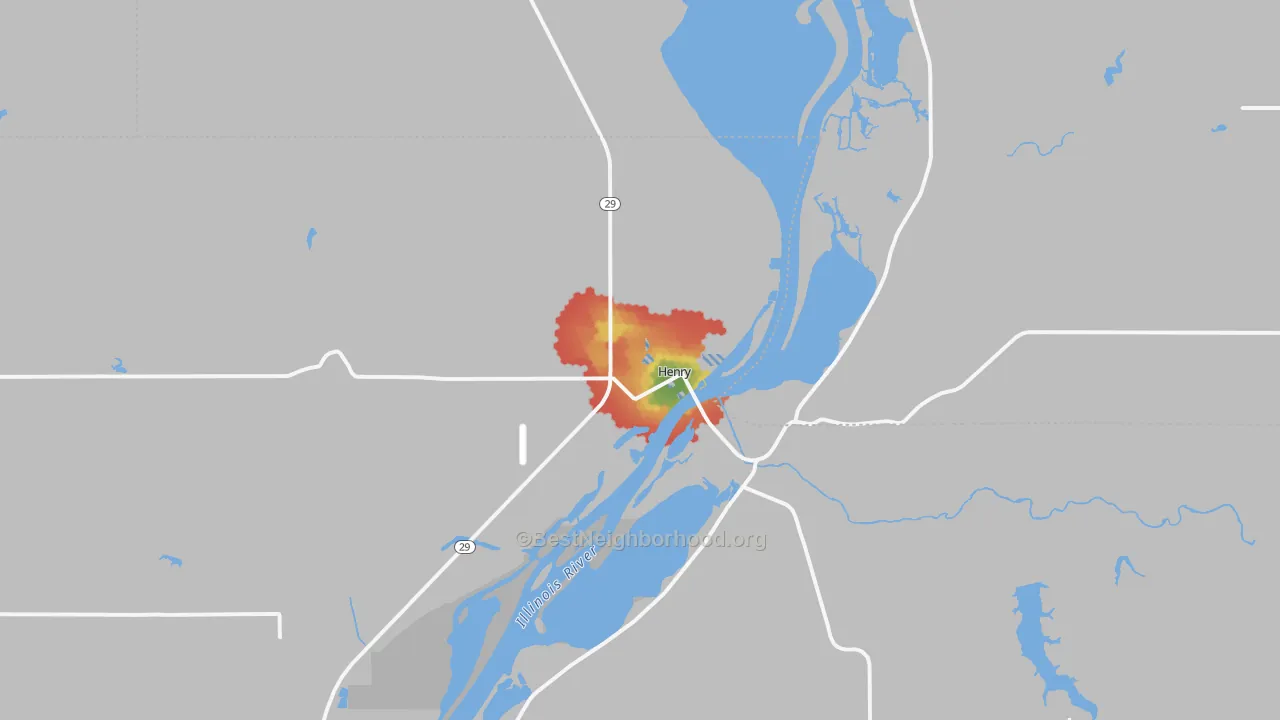 Walk Grade map of Henry, IL, walkable areas in green and car-dependent areas in red