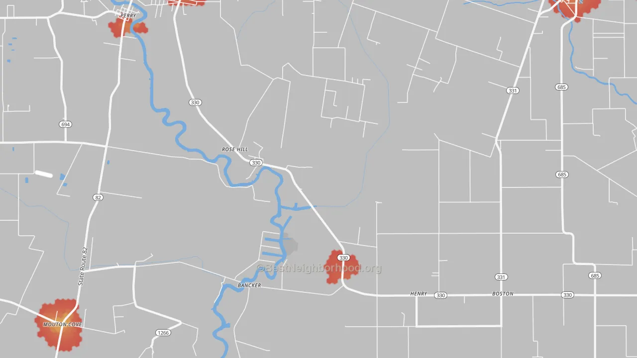 Walk Grade map of Henry, LA, walkable areas in green and car-dependent areas in red
