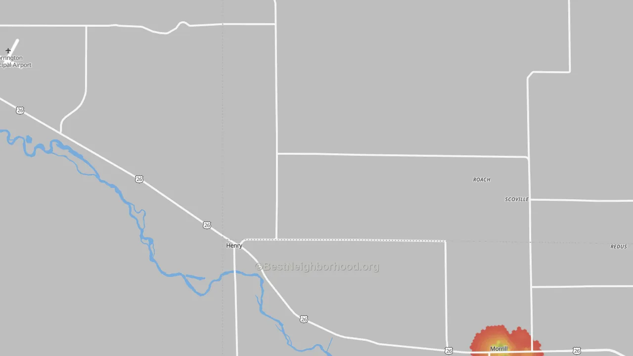 Walk Grade map of Henry, NE, walkable areas in green and car-dependent areas in red
