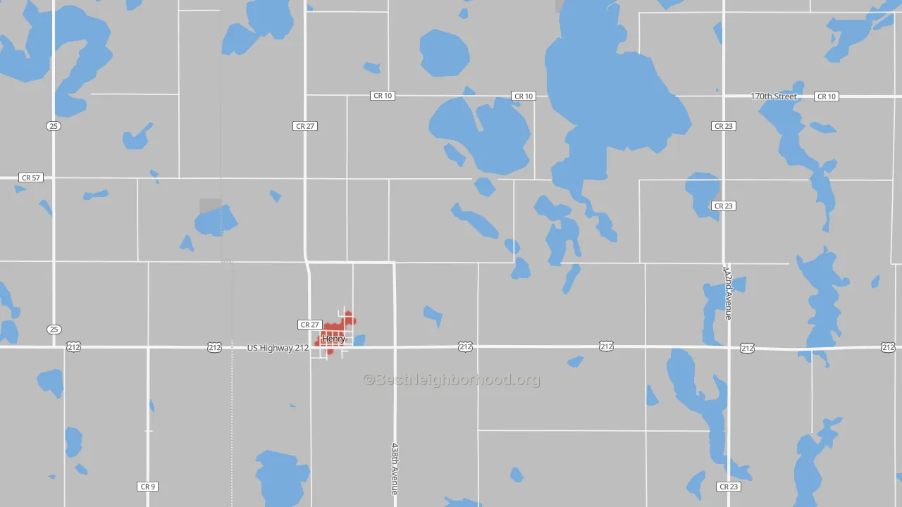 Walk Grade map of Henry, SD, walkable areas in green and car-dependent areas in red
