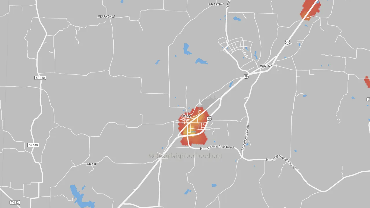 Walk Grade map of Henry, TN, walkable areas in green and car-dependent areas in red