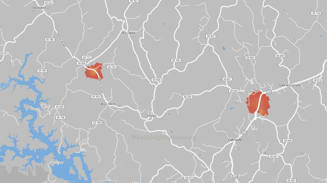 Walk Grade map of Henry, VA, walkable areas in green and car-dependent areas in red