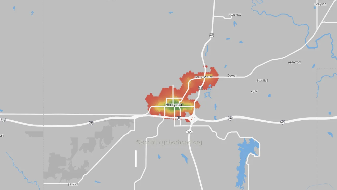 Walk Grade map of Henryetta, OK, walkable areas in green and car-dependent areas in red