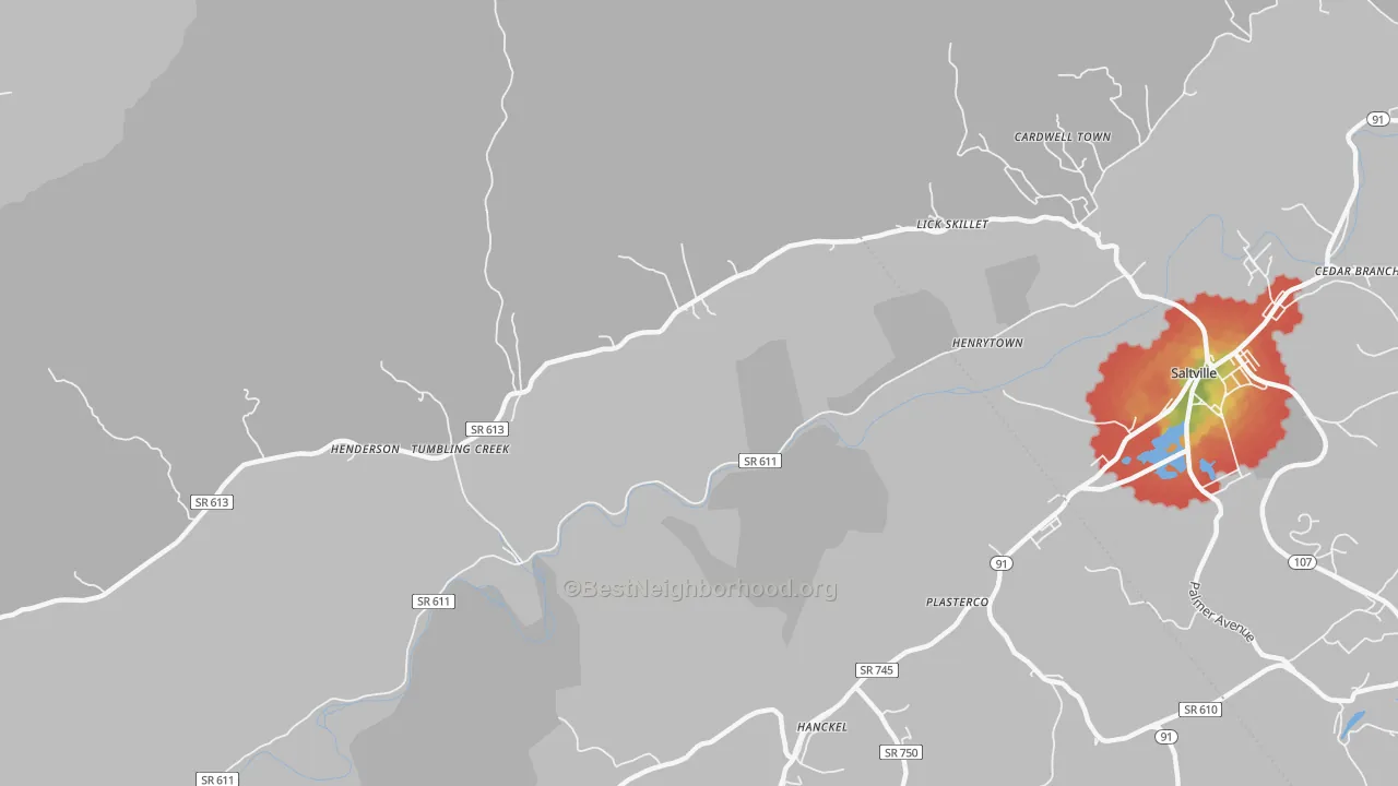 Walk Grade map of Henrytown, VA, walkable areas in green and car-dependent areas in red