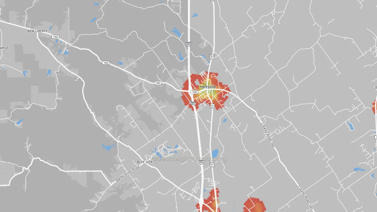 Walk Grade map of Henryville, IN, walkable areas in green and car-dependent areas in red