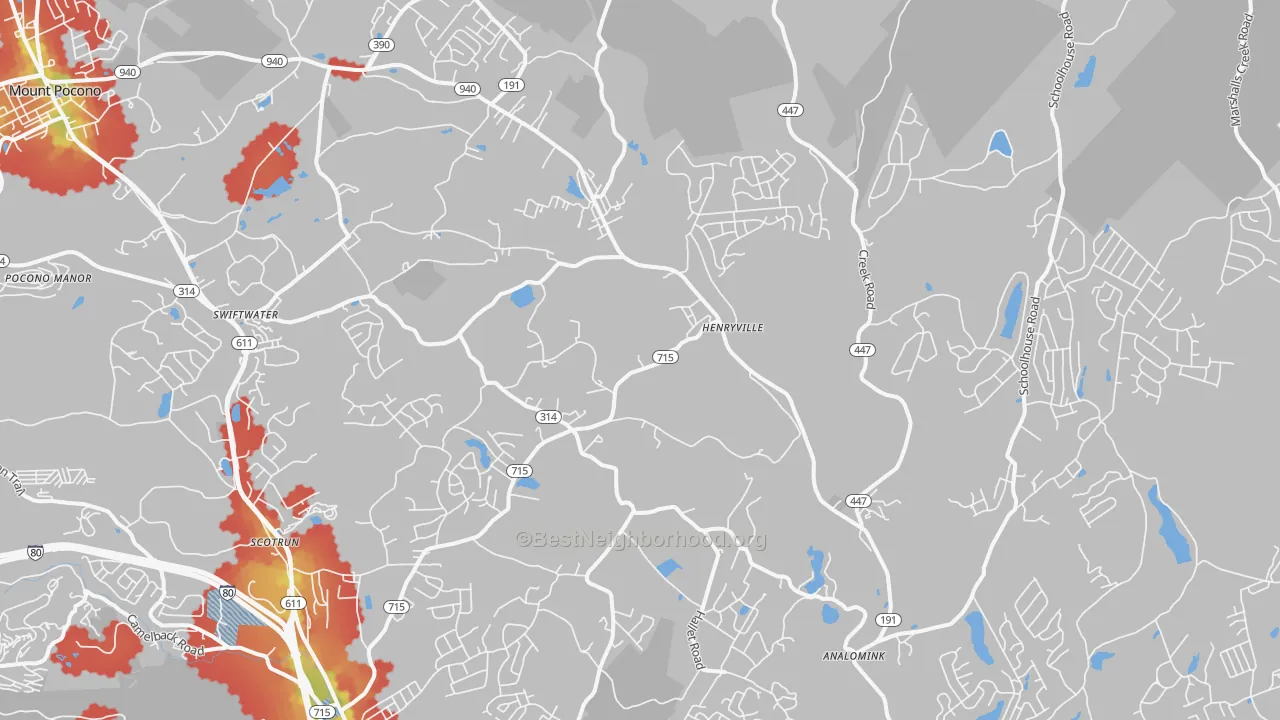 Walk Grade map of Henryville, PA, walkable areas in green and car-dependent areas in red