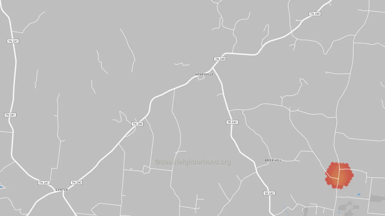 Walk Grade map of Henryville, TN, walkable areas in green and car-dependent areas in red