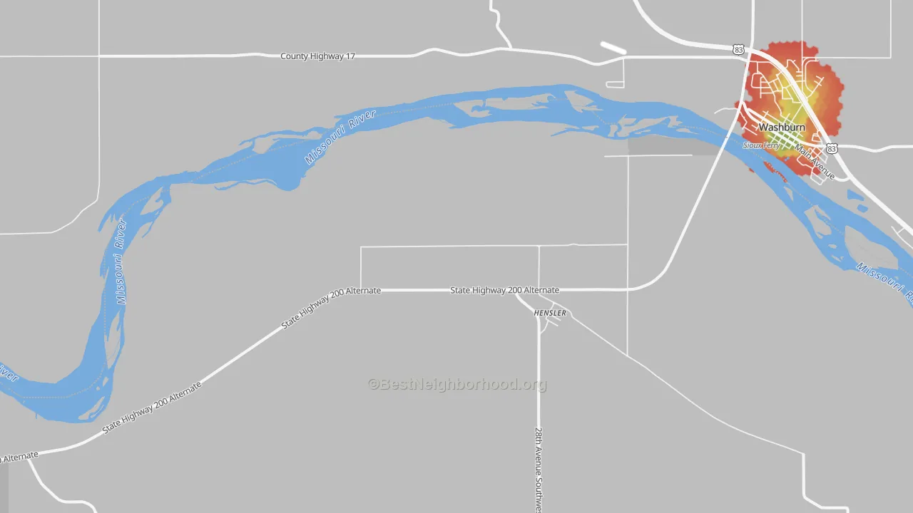 Walk Grade map of Hensler, ND, walkable areas in green and car-dependent areas in red