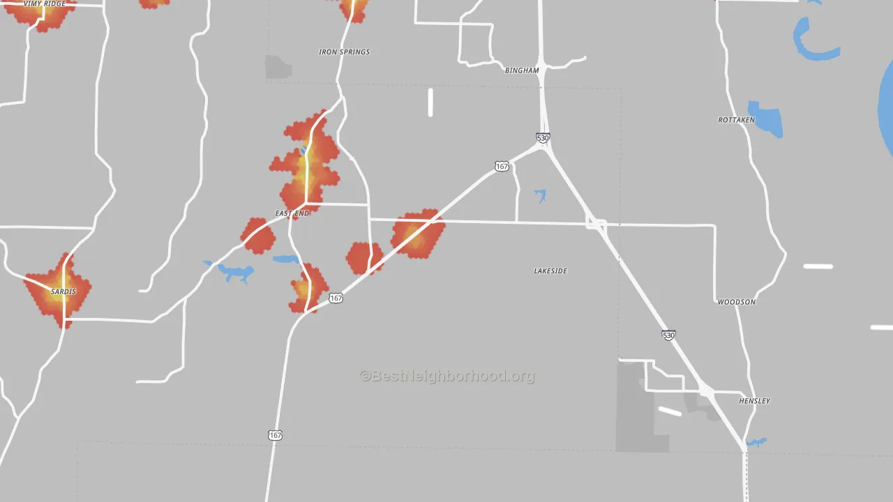 Walk Grade map of Hensley, AR, walkable areas in green and car-dependent areas in red