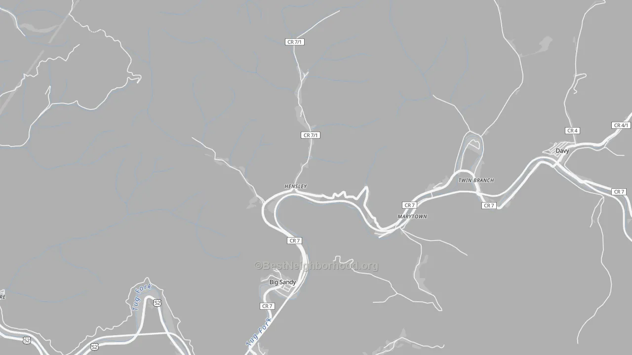 Walk Grade map of Hensley, WV, walkable areas in green and car-dependent areas in red