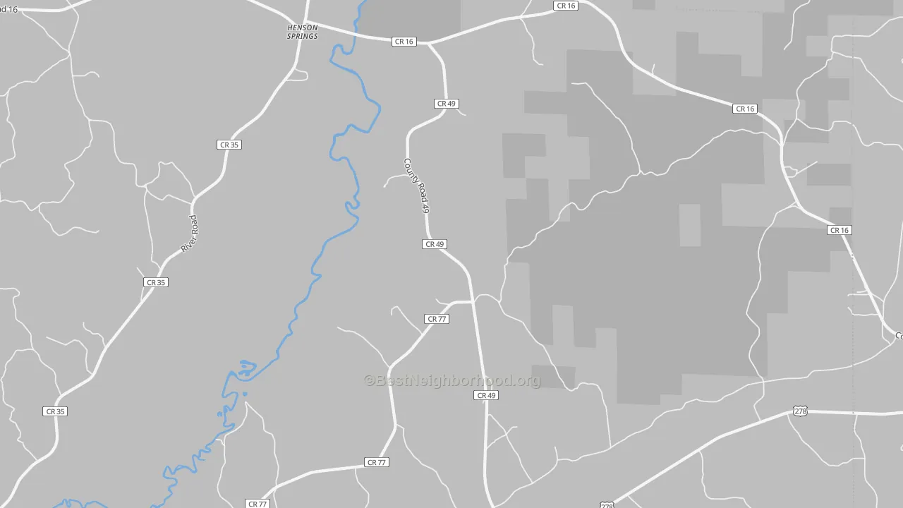 Walk Grade map of Henson Springs, AL, walkable areas in green and car-dependent areas in red