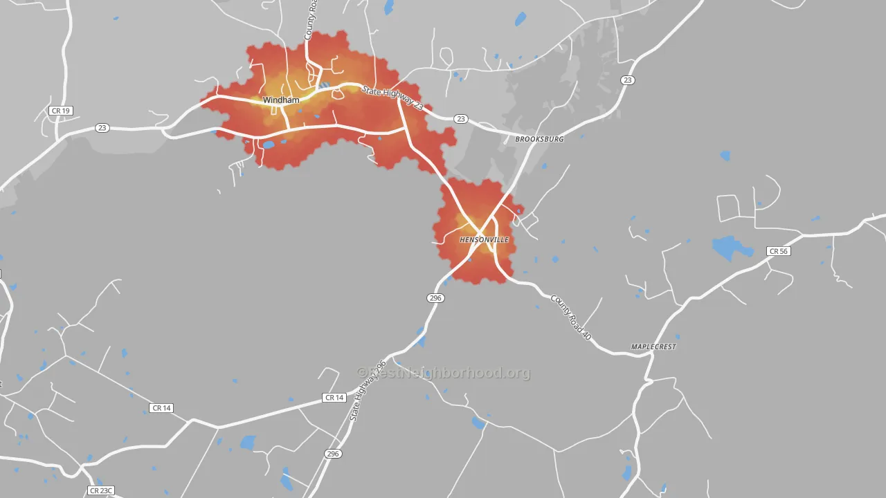 Walk Grade map of Hensonville, NY, walkable areas in green and car-dependent areas in red