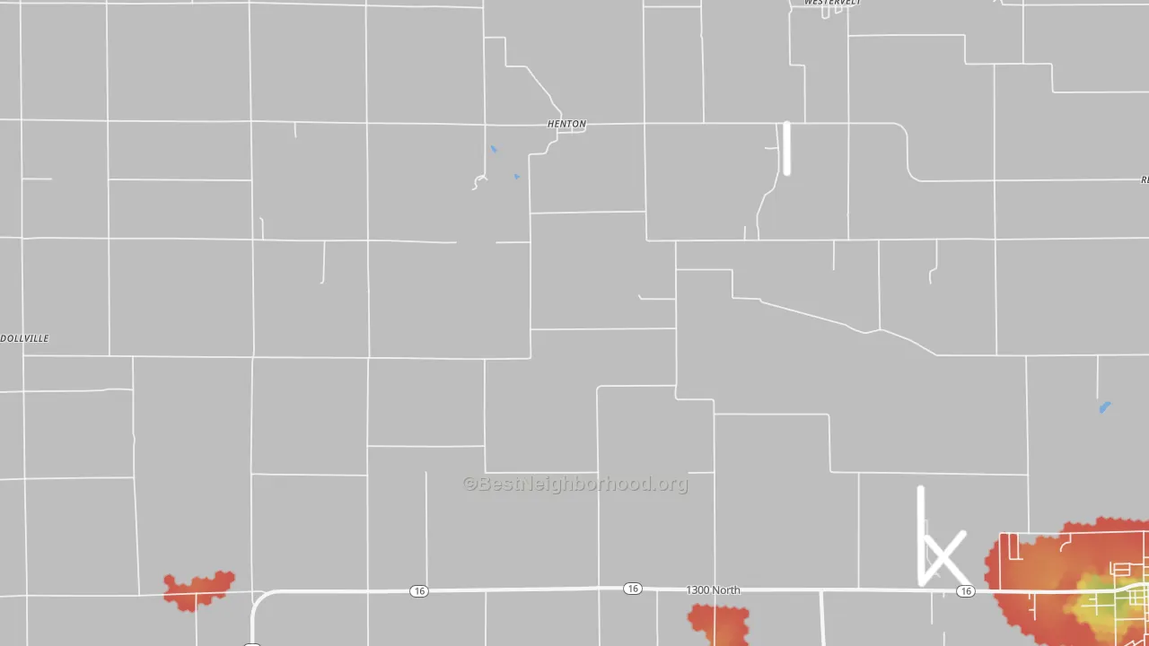 Walk Grade map of Henton, IL, walkable areas in green and car-dependent areas in red