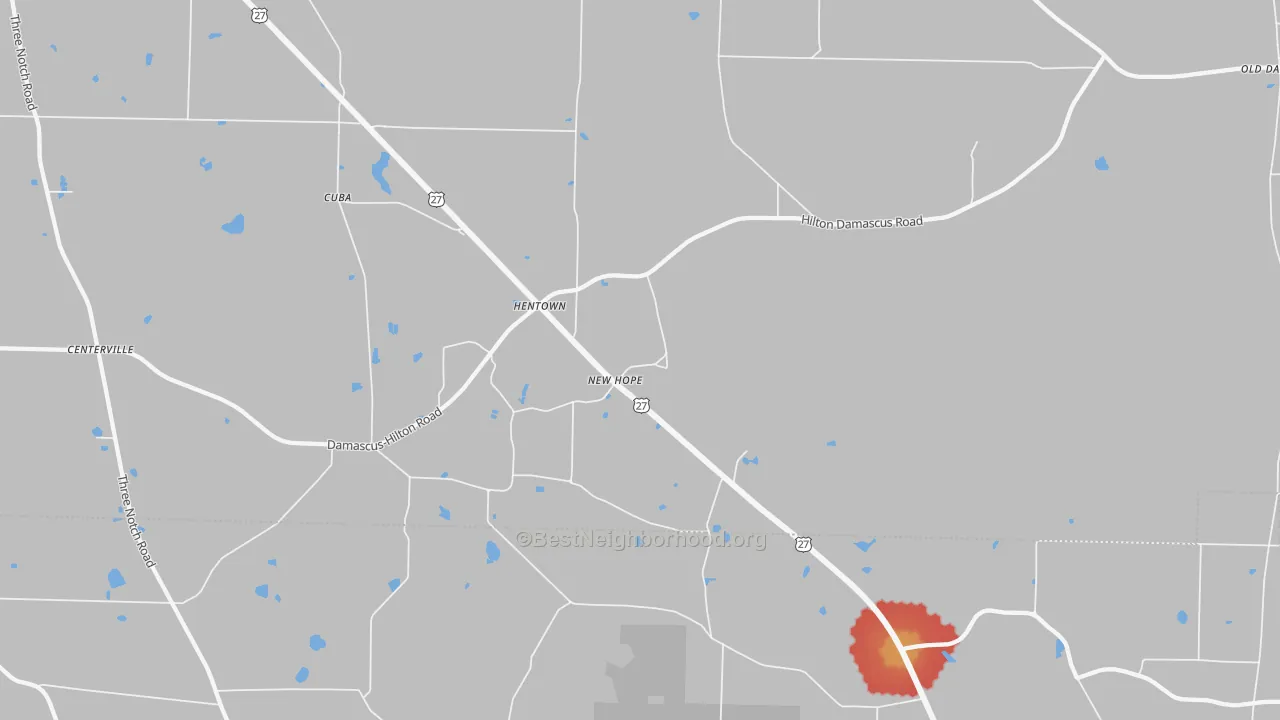 Walk Grade map of Hentown, GA, walkable areas in green and car-dependent areas in red