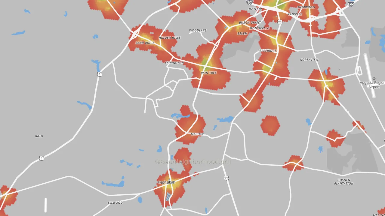 Walk Grade map of Hephzibah, GA, walkable areas in green and car-dependent areas in red