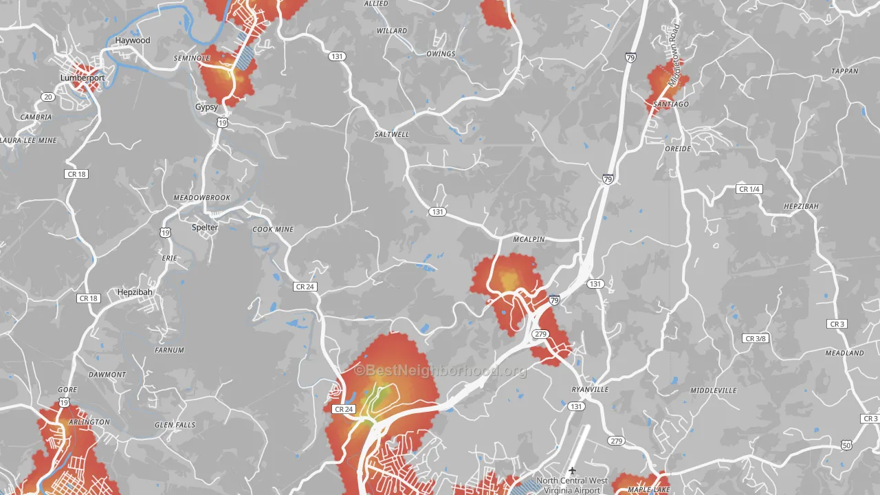 Walk Grade map of Hepzibah, WV, walkable areas in green and car-dependent areas in red
