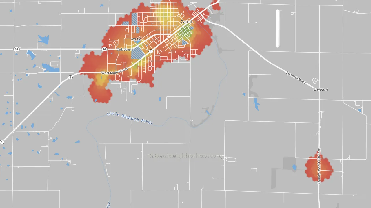Walk Grade map of Herald, IL, walkable areas in green and car-dependent areas in red