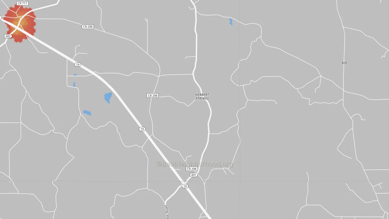 Walk Grade map of Herbert Springs, MS, walkable areas in green and car-dependent areas in red