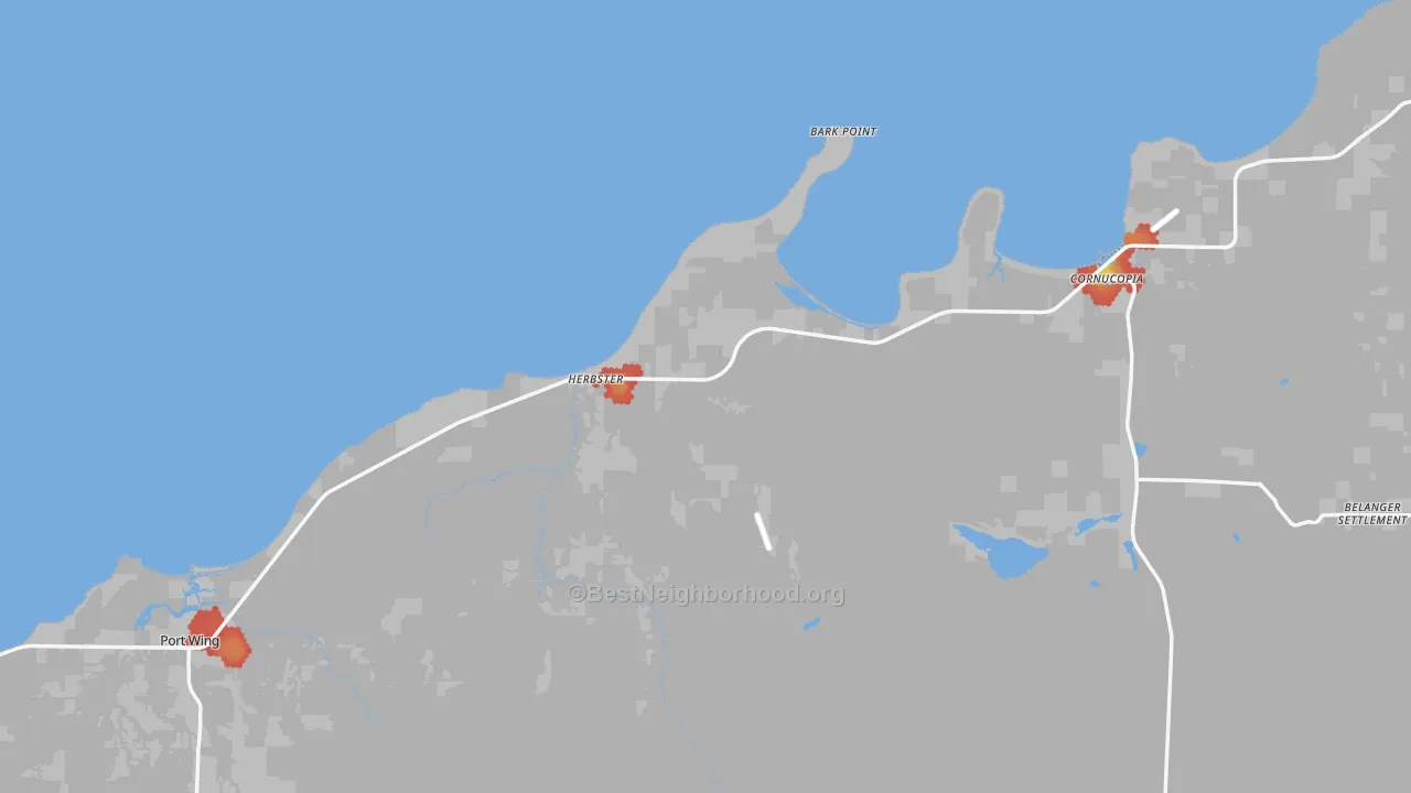 Walk Grade map of Herbster, WI, walkable areas in green and car-dependent areas in red