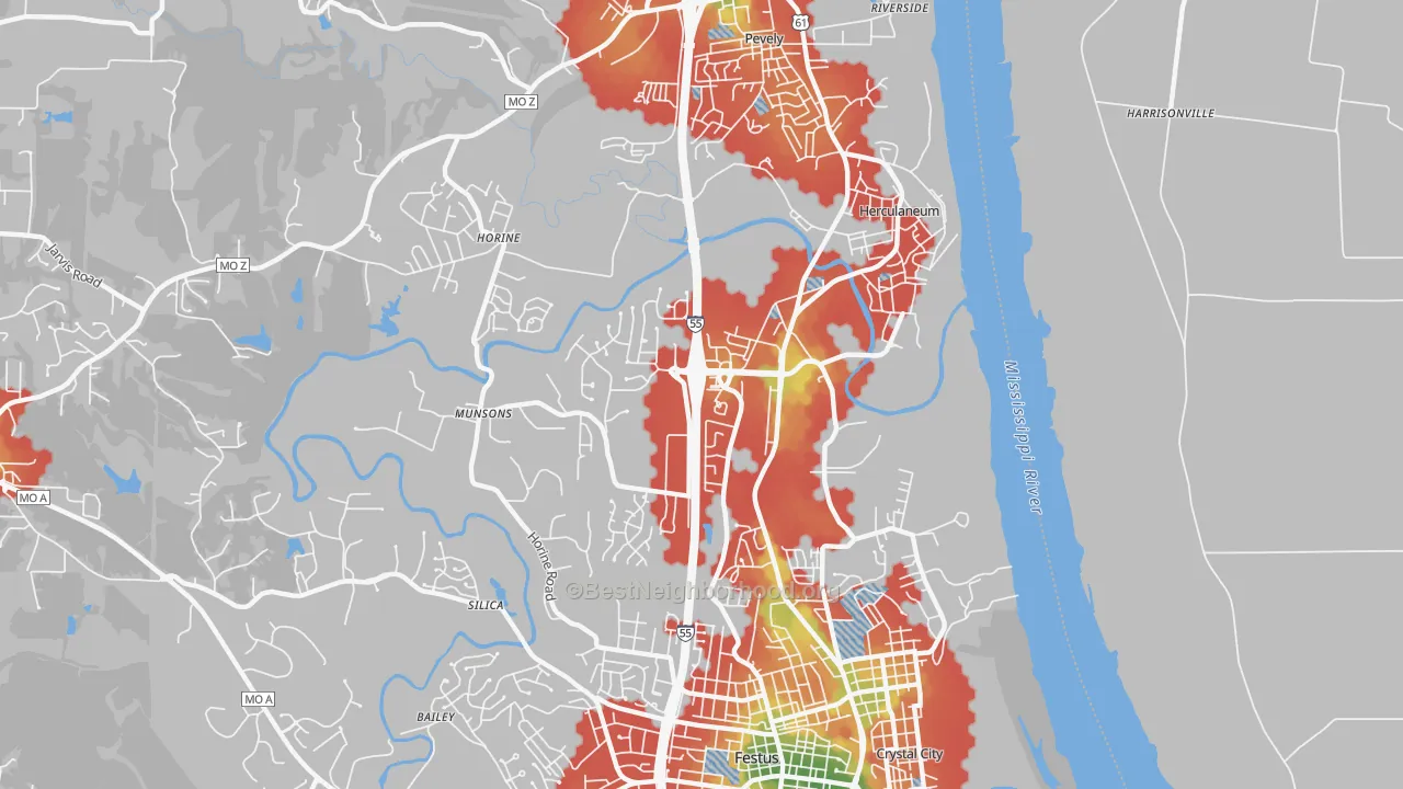Walk Grade map of Herculaneum, MO, walkable areas in green and car-dependent areas in red
