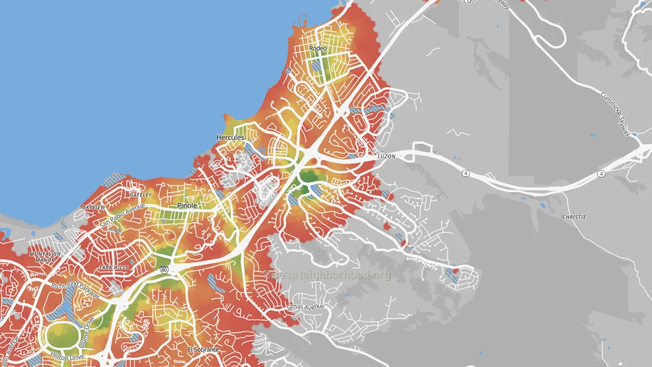 Walk Grade map of Hercules, CA, walkable areas in green and car-dependent areas in red