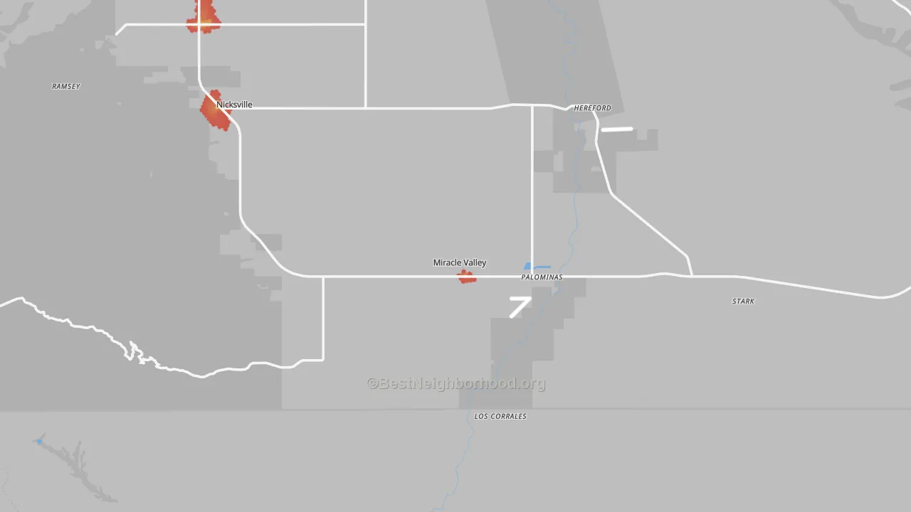 Walk Grade map of Hereford, AZ, walkable areas in green and car-dependent areas in red