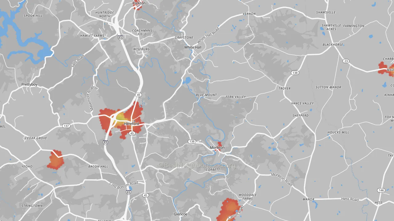 Walk Grade map of Hereford, MD, walkable areas in green and car-dependent areas in red