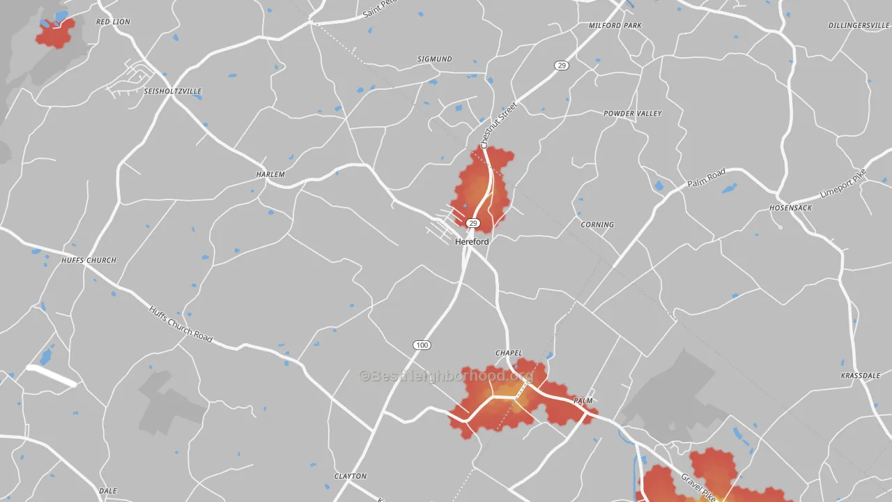 Walk Grade map of Hereford, PA, walkable areas in green and car-dependent areas in red