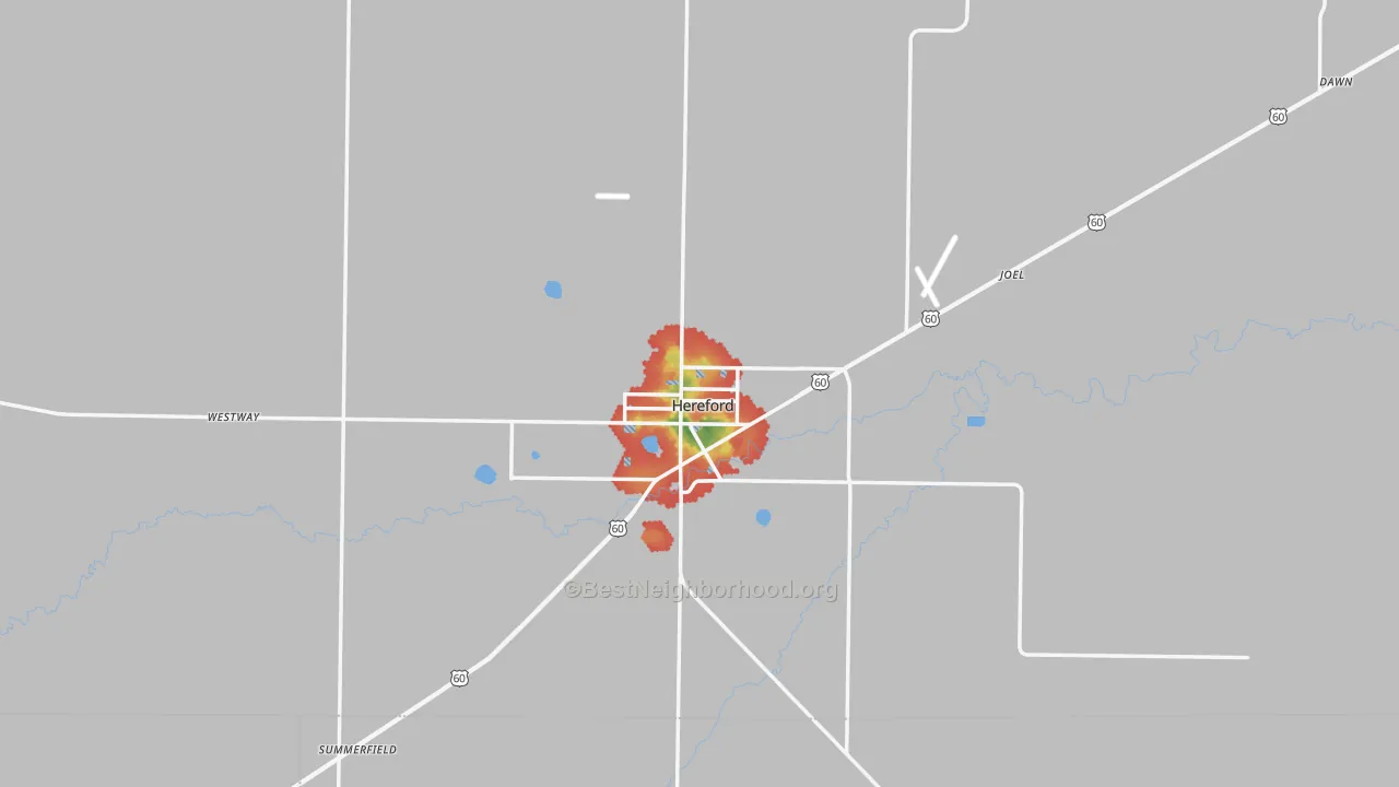 Walk Grade map of Hereford, TX, walkable areas in green and car-dependent areas in red
