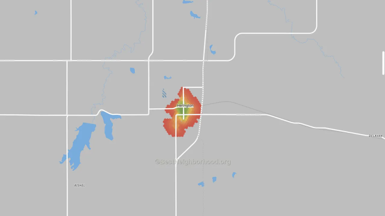 Walk Grade map of Herington, KS, walkable areas in green and car-dependent areas in red
