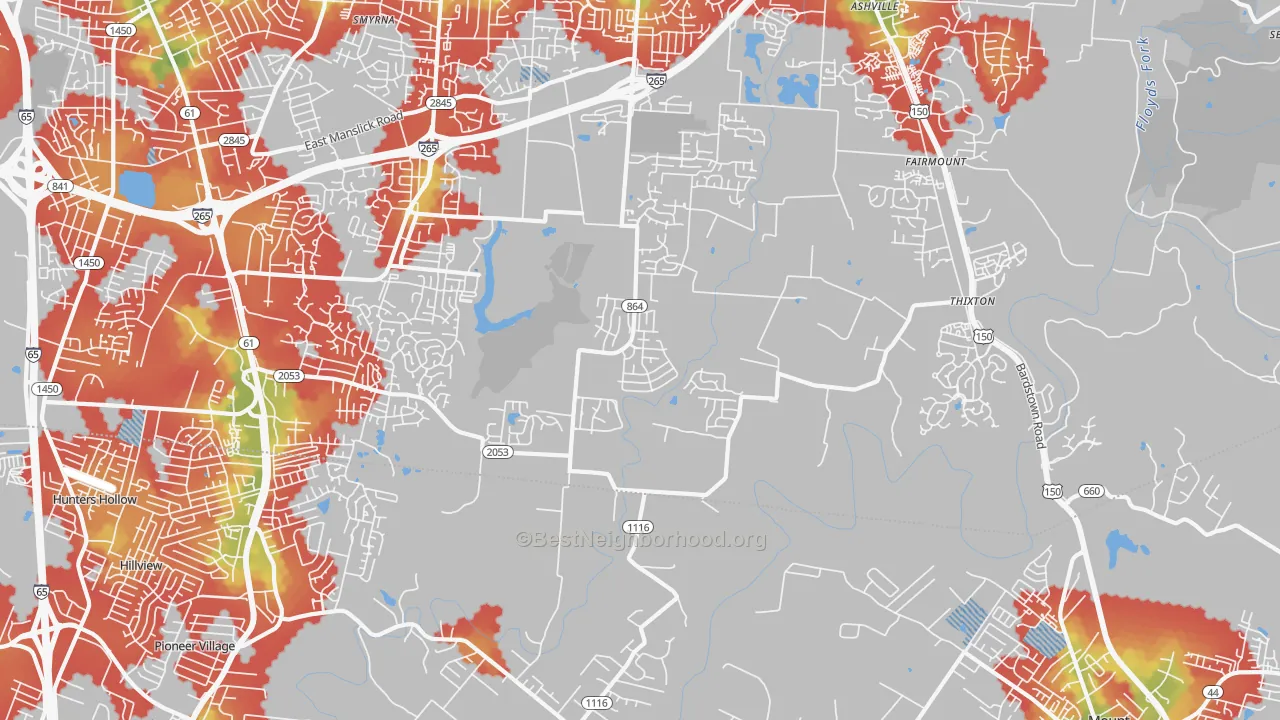 Walk Grade map of Heritage Creek, KY, walkable areas in green and car-dependent areas in red