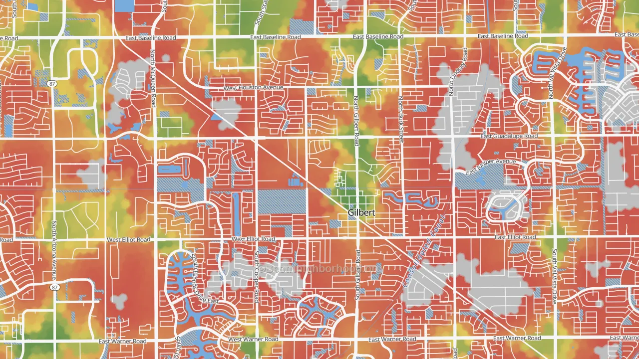 Walk Grade map of Heritage District, Gilbert, AZ, walkable areas in green and car-dependent areas in red